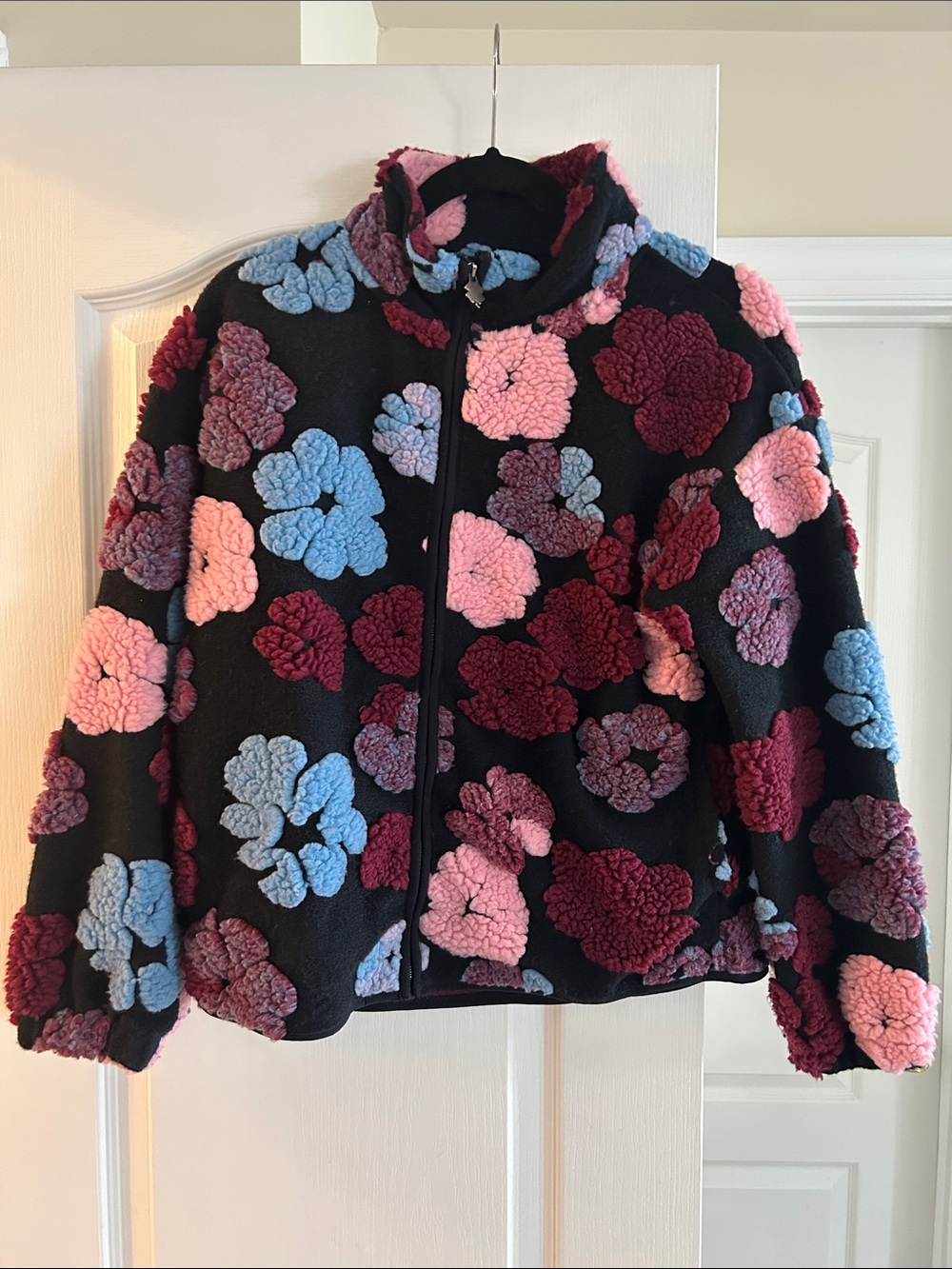 Lucky Brand Kids Black Sherpa Jacket with Pink, Blue & Burgundy Floral Appliqués